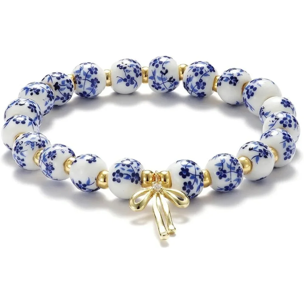 Beads Bow Charm Bracelet for Women - Handmade Flower Vintage Stretch Jewelry